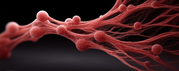 Obraz premium This intricate visualization showcases red cells connected by fine filaments, representing the complex network of biological systems essential for life and human health.