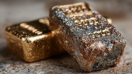 Close-up of gold bars with different states of finish.