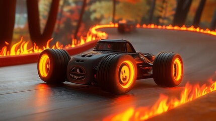 Sleek black race car navigates a winding track engulfed in vibrant flames, embodying speed, power, and competitive automotive spirit.