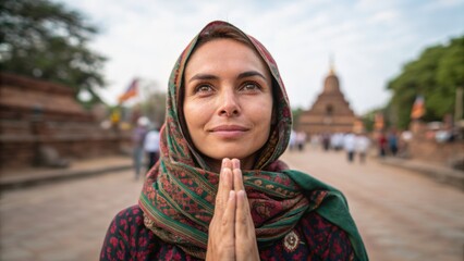 Cultural inclusive travel concept. A woman in traditional attire prays with a serene expression in a cultural setting.