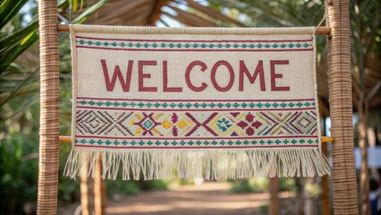 Cultural inclusive travel concept. A colorful woven welcome sign hanging in a lush, tropical setting.