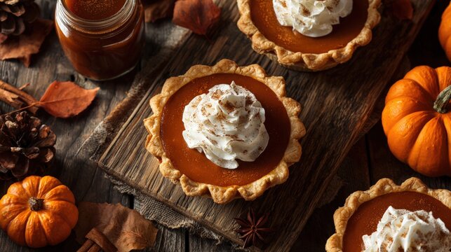 Rustic autumn scene with mini pumpkin pies topped with whipped cream, surrounded by pumpkins, leaves, and spices on a wooden table.