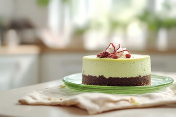 Delicate pistachio cheesecake, decorated with edible flowers and berries.