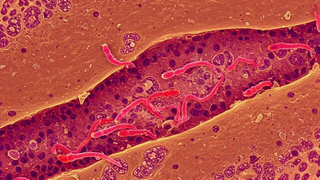 Color-enhanced image of parasitic flatworm larvae (flukes) moving through liver tissue, with visible sucker structures
