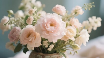 Fototapeta premium A bouquet with soft - toned colors, featuring light pink roses, paired with fresh complementary flowers and green leaves, placed in an exquisite vase, conveying a romantic, gentle, and healing atmosph