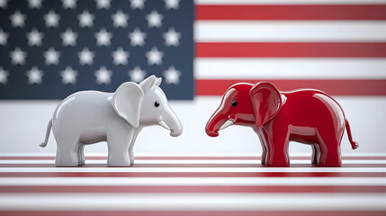 Blue donkey and red elephant cute toy mascots on US flag background, democrat and republican american political parties, 2024 US presidential election