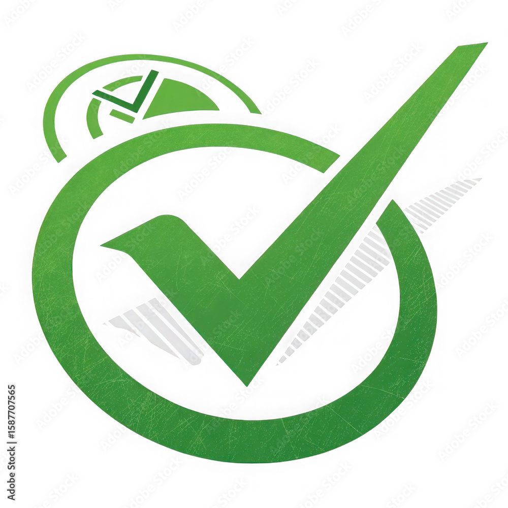 Poster green checkmark symbol inside a circular border with subtle texture and white accents representing c