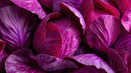 Obraz premium Close-up of vibrant purple cabbage leaves with intricate textures and rich hues, showcasing natural beauty and freshness.