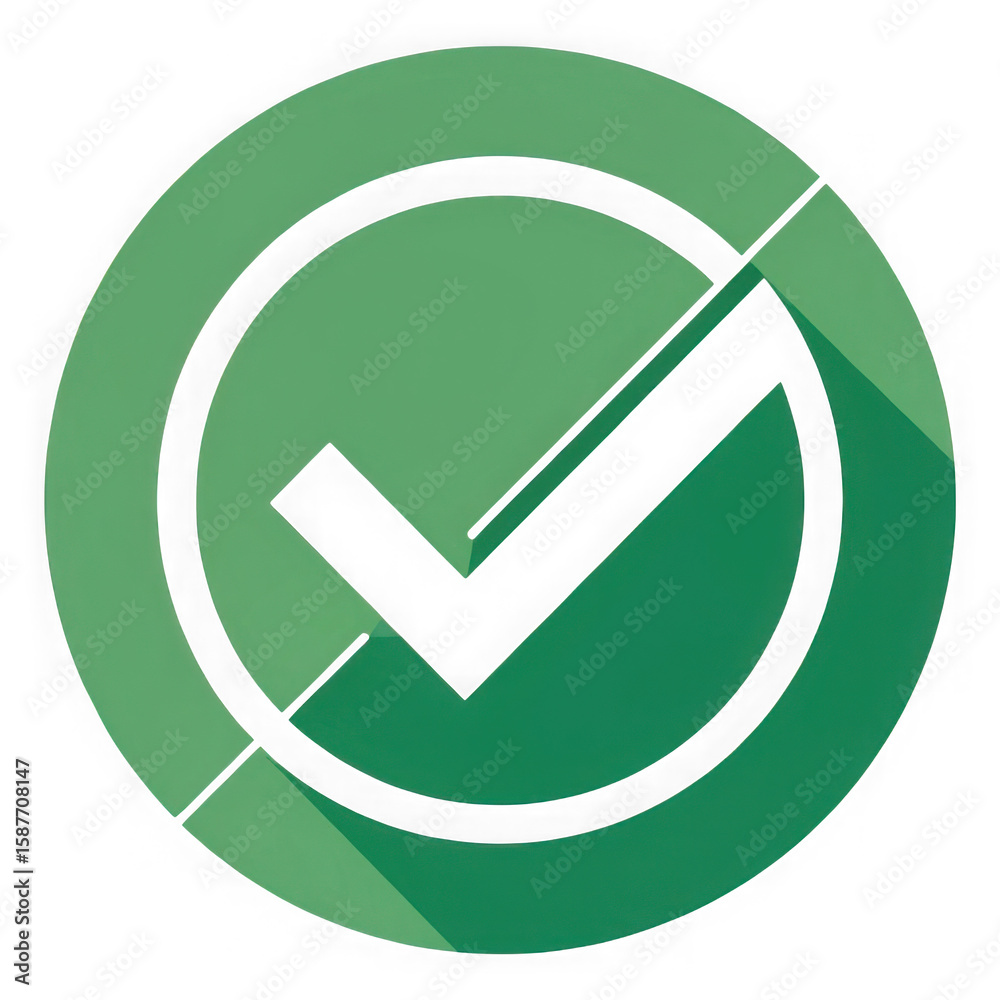 Poster green checkmark inside a circular segmented frame with a subtle long shadow effect isolated on trans