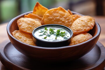 Colorful snacks in bowl with sauce