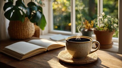 Daily renewal with self journal concept. Cozy morning scene with coffee and an open book by the window.