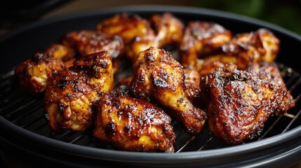 Juicy, grilled chicken drumsticks and thighs with a smoky, glazed finish on a barbecue grill, perfect for a summer cookout.