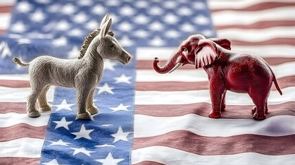 Blue donkey and red elephant cute toy mascots on US flag background, democrat and republican american political parties, 2024 US presidential election