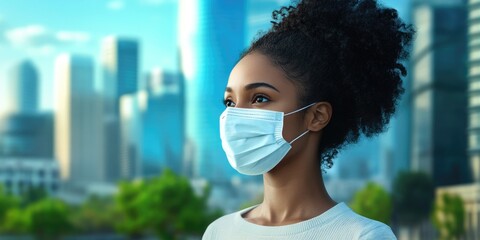 Urban Mask Wearer Protective Health Measures Cityscape Skyline Female Safety Modern Future Surgical