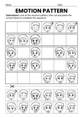 Emotion Pattern Cut and Paste Worksheets for Kindergarten to Grade 3, Feelings Recognition, SEL Activity, Social Emotional Learning, Back to school