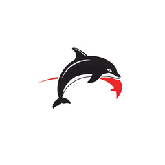 Obraz premium Minimalist dolphin design with red accent on white background, symbolism