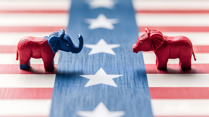 Blue donkey and red elephant cute toy mascots on US flag background, democrat and republican american political parties, 2024 US presidential election