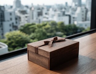 Fototapeta premium Wooden gift box on a windowsill, city view