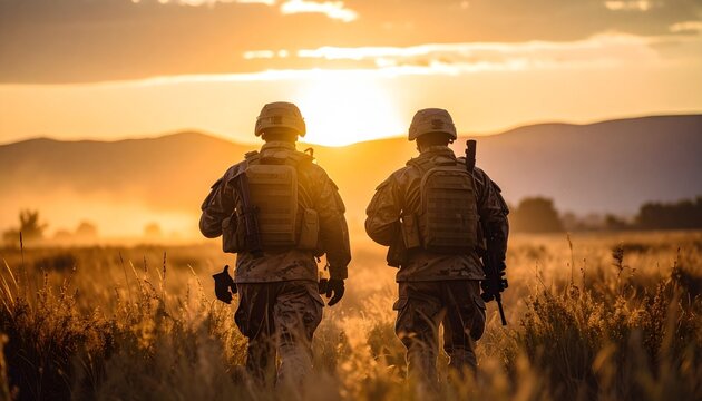 Combat Troops Walking in Tall Grass at Sunrise