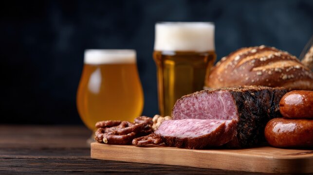 A rustic spread featuring beer, sliced sausage, pretzels, and bread on a wooden board, evoking a cozy and hearty dining experience.