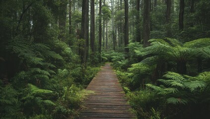 Misty forest path. Lush ferns frame a wooden boardwalk