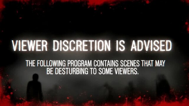 Animated viewer discretion warning graphic with glowing text and shadowy figures in dark atmosphere