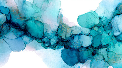 Watercolor abstract featuring blue and turquoise ink flows, marbled soft blending  background