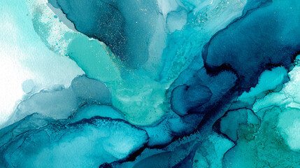 Watercolor abstract featuring blue and turquoise ink flows, marbled soft blending  background