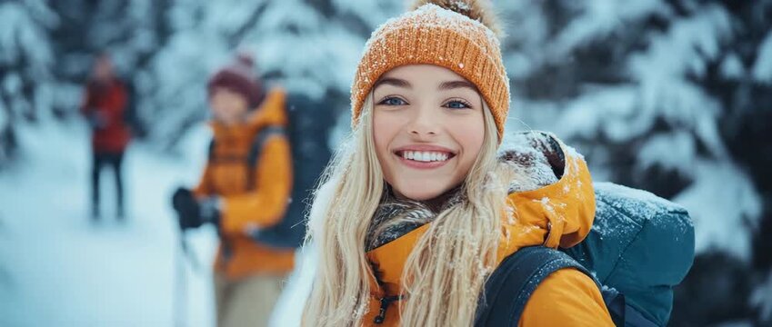 Smiling woman hiking in snowy forest wearing winter hat jacket and backpack enjoying outdoor adventure cold weather with friends in nature and snow covered landscape
