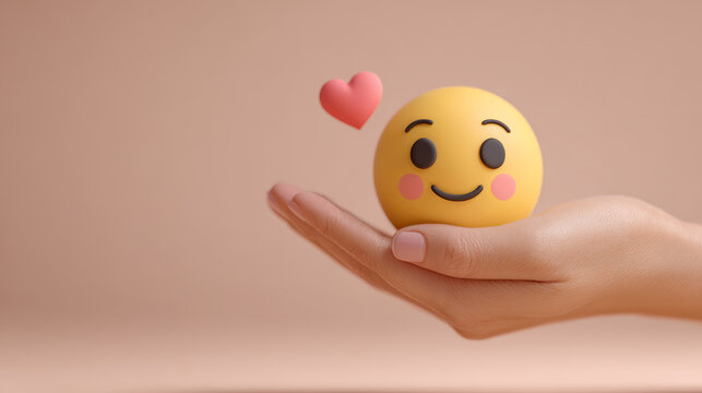 Smiling emoji with blushing cheeks and heart floating above held gently in hand on beige background expressing affection and warmth