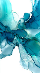 Watercolor abstract featuring blue and turquoise ink flows, marbled soft blending  background