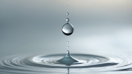 Macro splash of a clear blue water droplet creating a ripple on a clean liquid surface