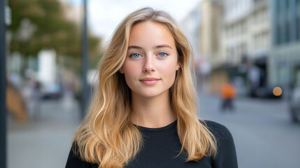 Obraz premium Portrait of a young woman with long blonde hair, soft features, and bright blue eyes, wearing a journalist's outfit, reporting on the street. 