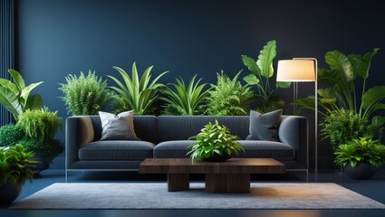 A modern living room interior featuring a comfortable sofa, stylish furniture, and contemporary decor creates a luxurious and inviting home lounge