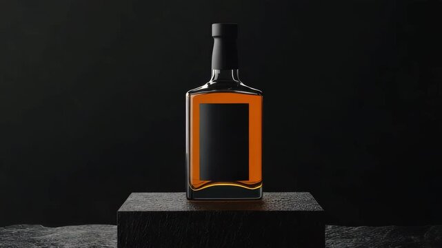 Whiskey bottle amber liquid glass black pedestal dark background elegant moody luxury beverage presentation still life reflective minimalistic style textured surface display