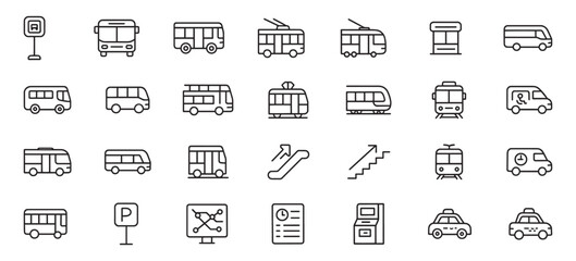Line Icons of Public Service and Municipal Transport – Vector Set Featuring Buses, Trams, Trolleys, Transit Maps, Parking, Taxi, and Urban Mobility Symbols