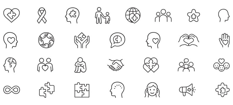 Line Icons for Autism Awareness & Neurodiversity Support &ndash; Puzzle, Heart, Inclusion & Mental Health Symbol Pack