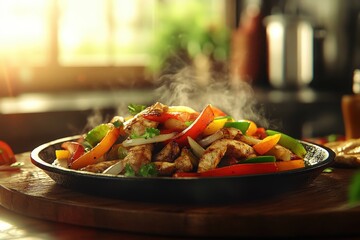 Flavorful chicken and vegetable fajitas in a cast iron pan.