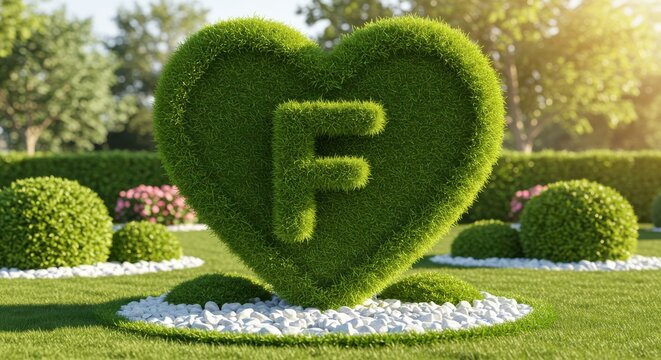 Green heart shaped topiary with letter f isolated on white background