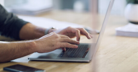 Laptop, business man and hands typing email, report or content writing on internet in office....