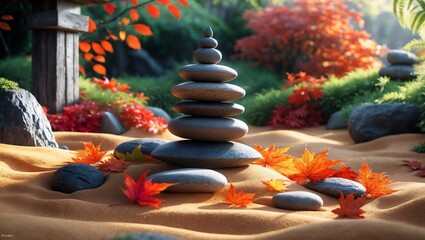 Zen garden with stacked stones and a single red flower