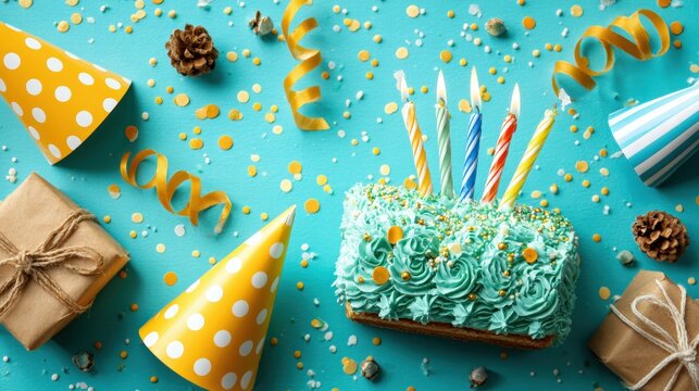 Colorful birthday celebration with a cake, candles, gift boxes, and party hats on a vibrant blue background.