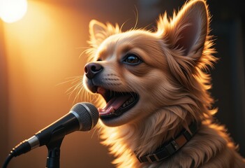 Adorable Dog Performing on Stage with Microphone and Spotlight, Dog performing with microphone on stage