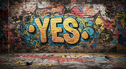 Fototapeta premium Colorful graffiti artwork with the word “YES” on a brick wall