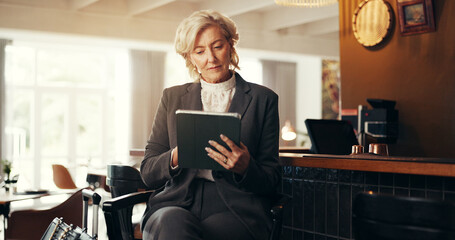 Travel, tablet and business woman in airport lounge for conference, research and email...