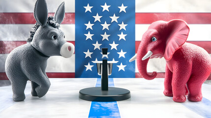 Blue donkey and red elephant cute toy mascots on US flag background, democrat and republican american political parties, 2024 US presidential election