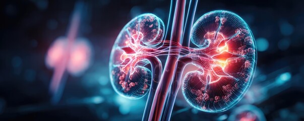 Kidney levels and renal condition concept. Detailed illustration of a human kidney showing its structure.
