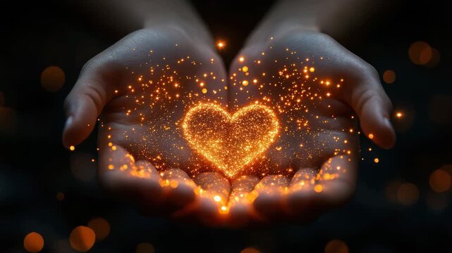 Glowing heart shape of golden sparkles floating above open hands with dark background, symbolizing love, warmth, magic, and sparkling light captivating night scene full of glowing magic warmth