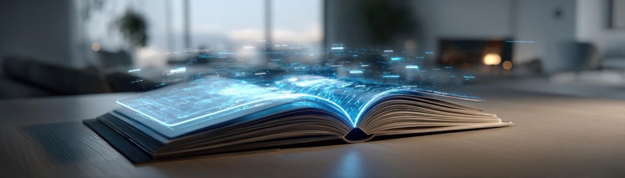 Daily renewal with self journal concept. An open book displaying digital information in a modern setting.