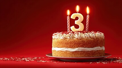 A festive birthday cake with a "3" candle and two striped candles, topped with whipped cream and red sprinkles, set against a vibrant red background.